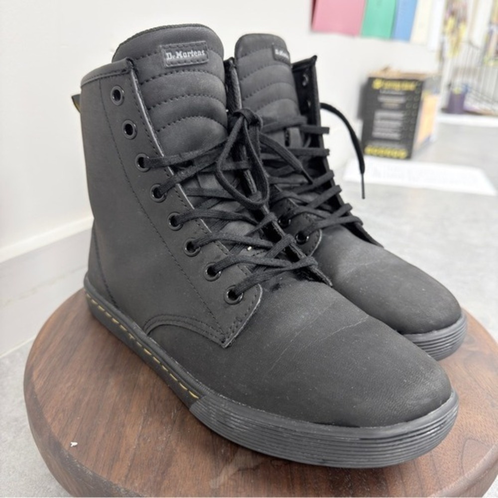 Dr. Martens Sheridans / Black High-Top Lace Sneakers with Yellow Stitching - Picture 12 of 16